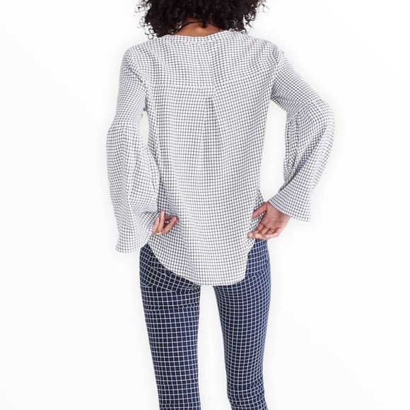Madewell Bell Sleeve Button Down Shirt Blouse in Black White Windowpane size L - Picture 2 of 15